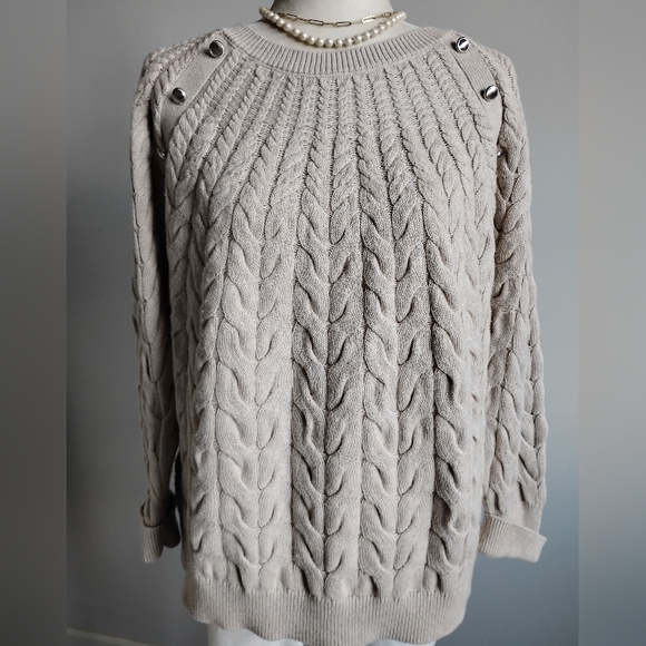 Talbots Cotton Wool Blend Cable Knit Sweater Natural Tan Silver Buttons - Picture 3 of 15